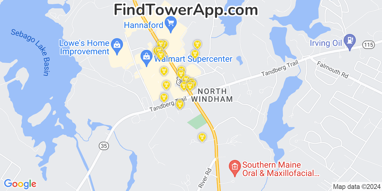 AT&T 4G/5G cell tower coverage map North Windham, Maine