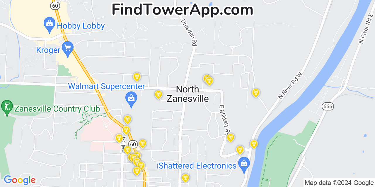 AT&T 4G/5G cell tower coverage map North Zanesville, Ohio