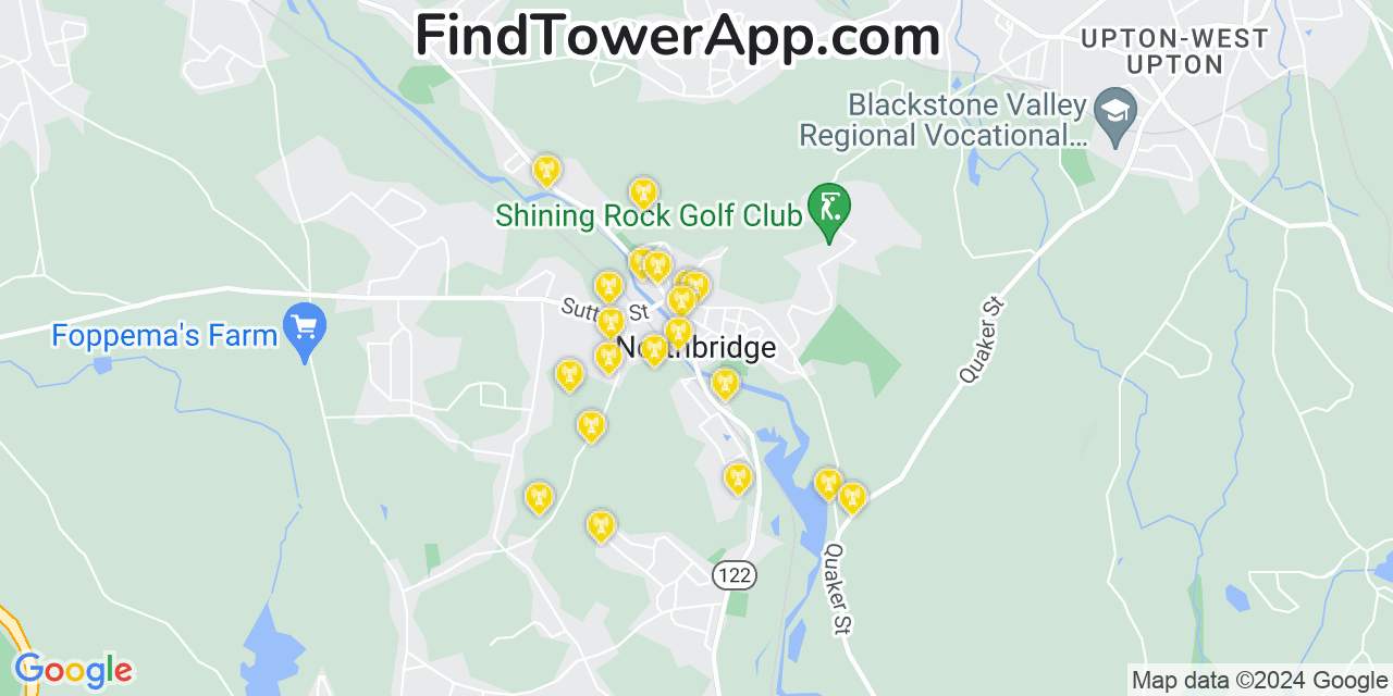 AT&T 4G/5G cell tower coverage map Northbridge, Massachusetts