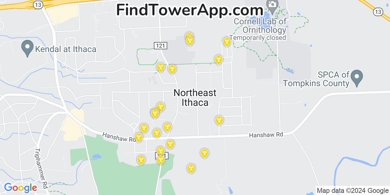 AT&T 4G/5G cell tower coverage map Northeast Ithaca, New York
