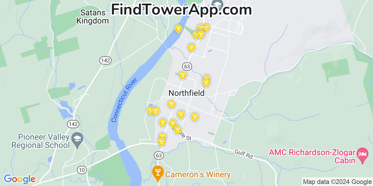 AT&T 4G/5G cell tower coverage map Northfield, Massachusetts