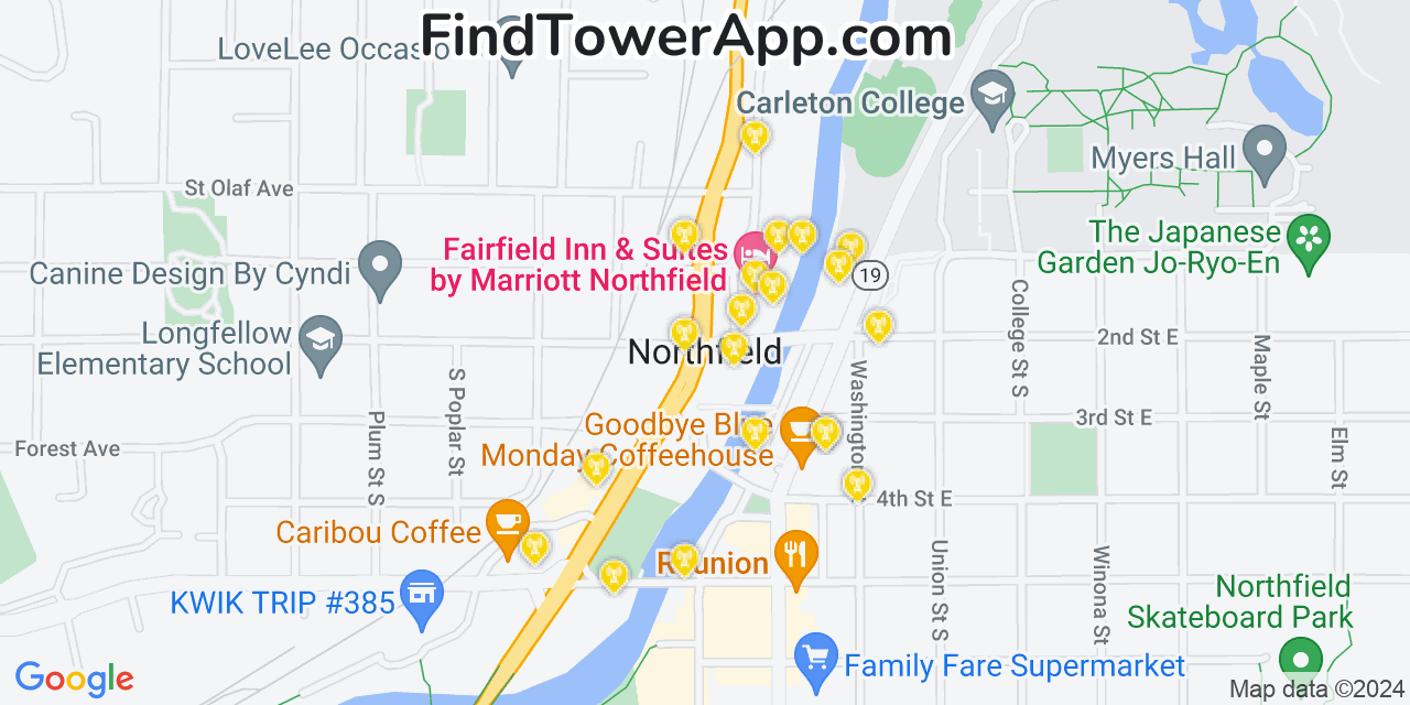 AT&T 4G/5G cell tower coverage map Northfield, Minnesota