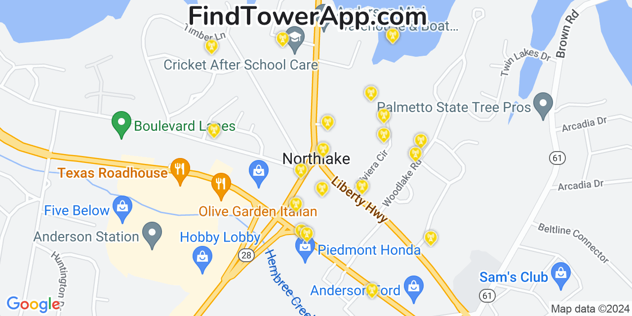 AT&T 4G/5G cell tower coverage map Northlake, South Carolina