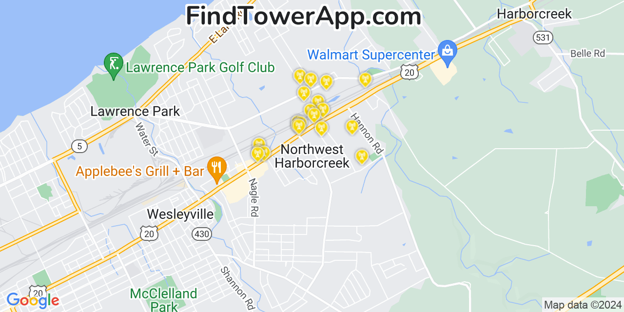 AT&T 4G/5G cell tower coverage map Northwest Harborcreek, Pennsylvania