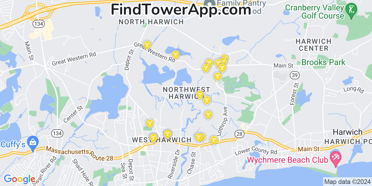 AT&T 4G/5G cell tower coverage map Northwest Harwich, Massachusetts