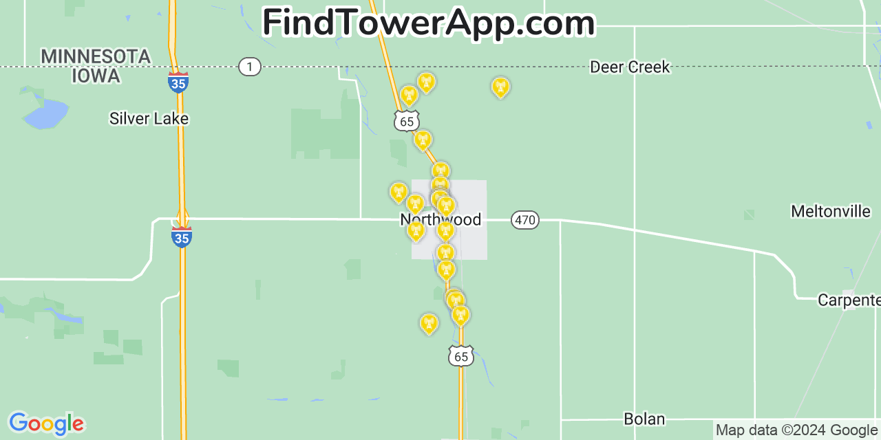AT&T 4G/5G cell tower coverage map Northwood, Iowa