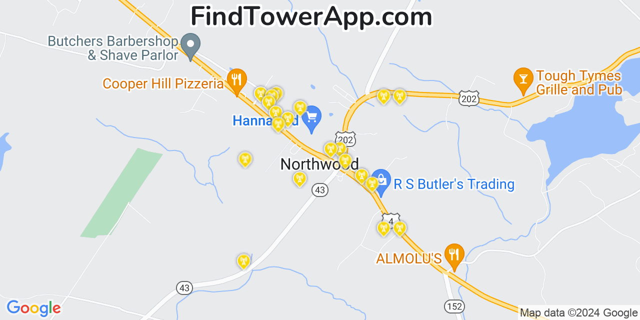 AT&T 4G/5G cell tower coverage map Northwood, New Hampshire