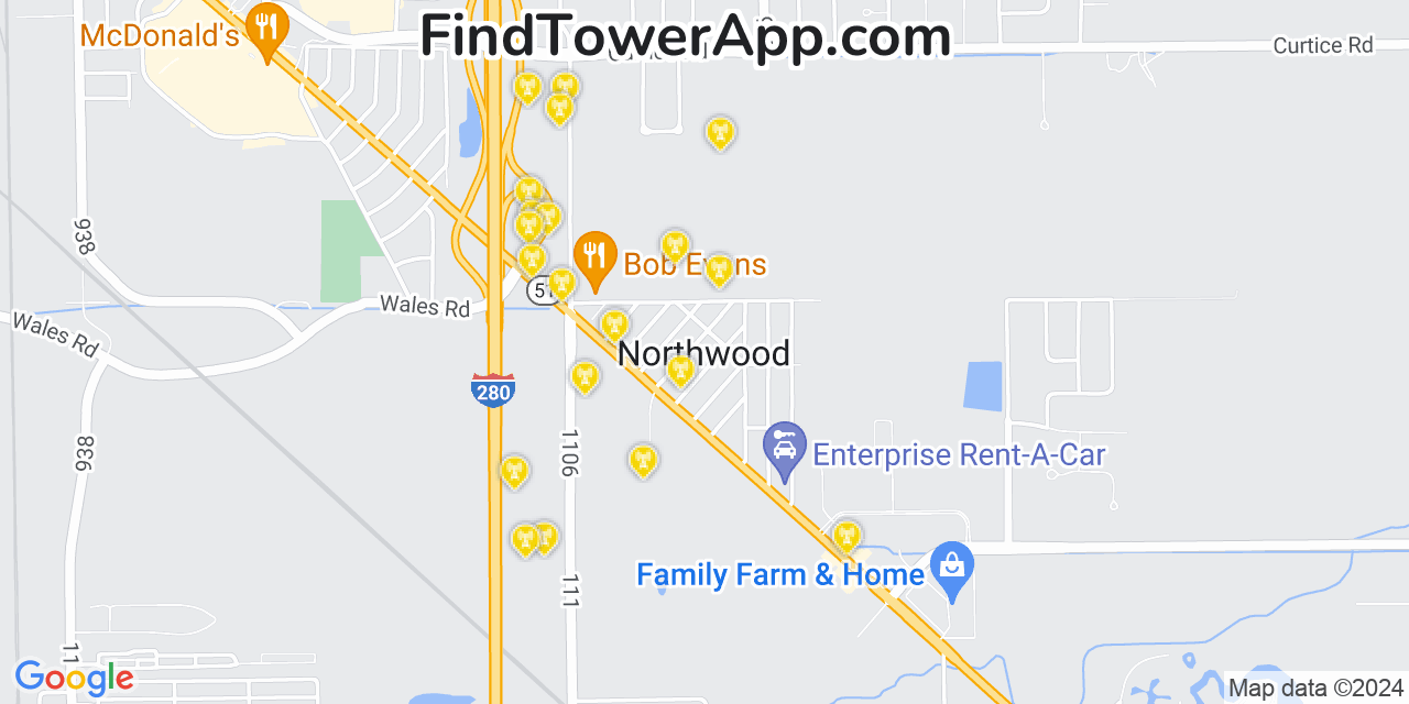AT&T 4G/5G cell tower coverage map Northwood, Ohio