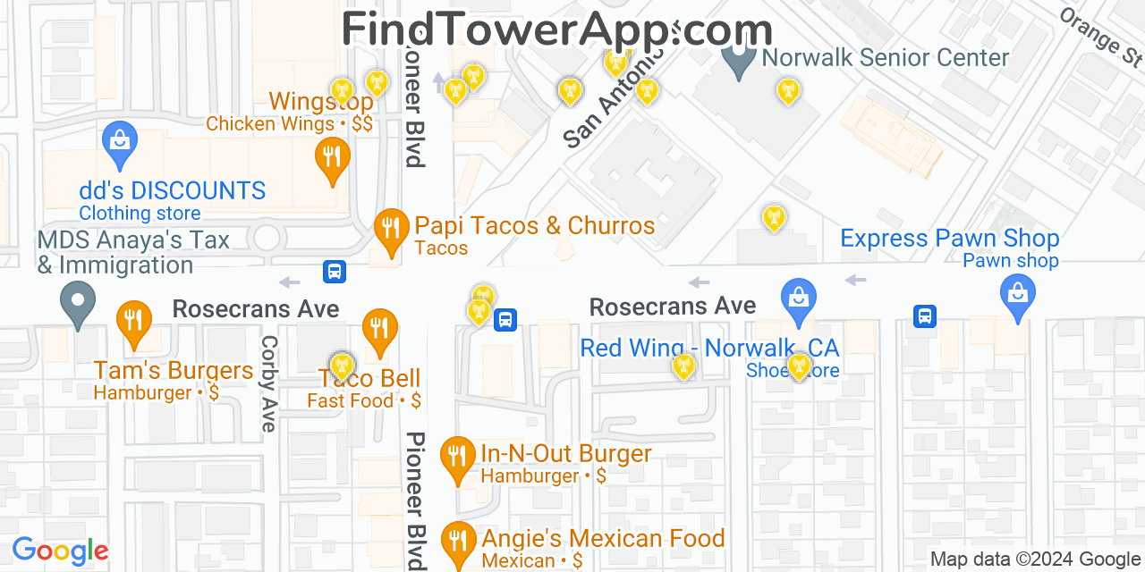 AT&T 4G/5G cell tower coverage map Norwalk, California