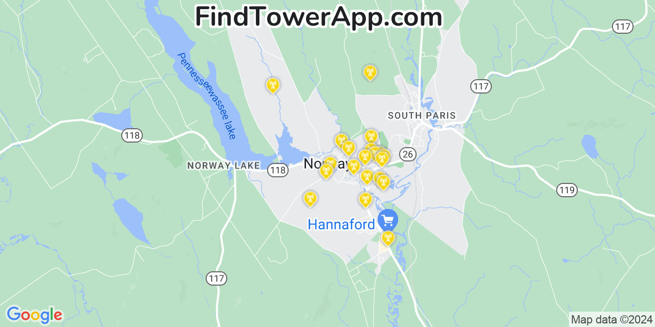 AT&T 4G/5G cell tower coverage map Norway, Maine