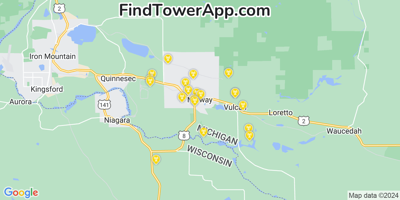 AT&T 4G/5G cell tower coverage map Norway, Michigan