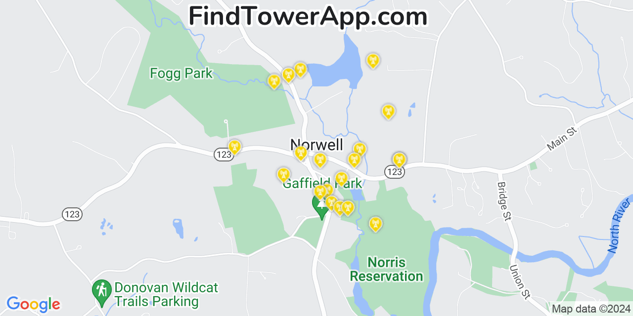 AT&T 4G/5G cell tower coverage map Norwell, Massachusetts