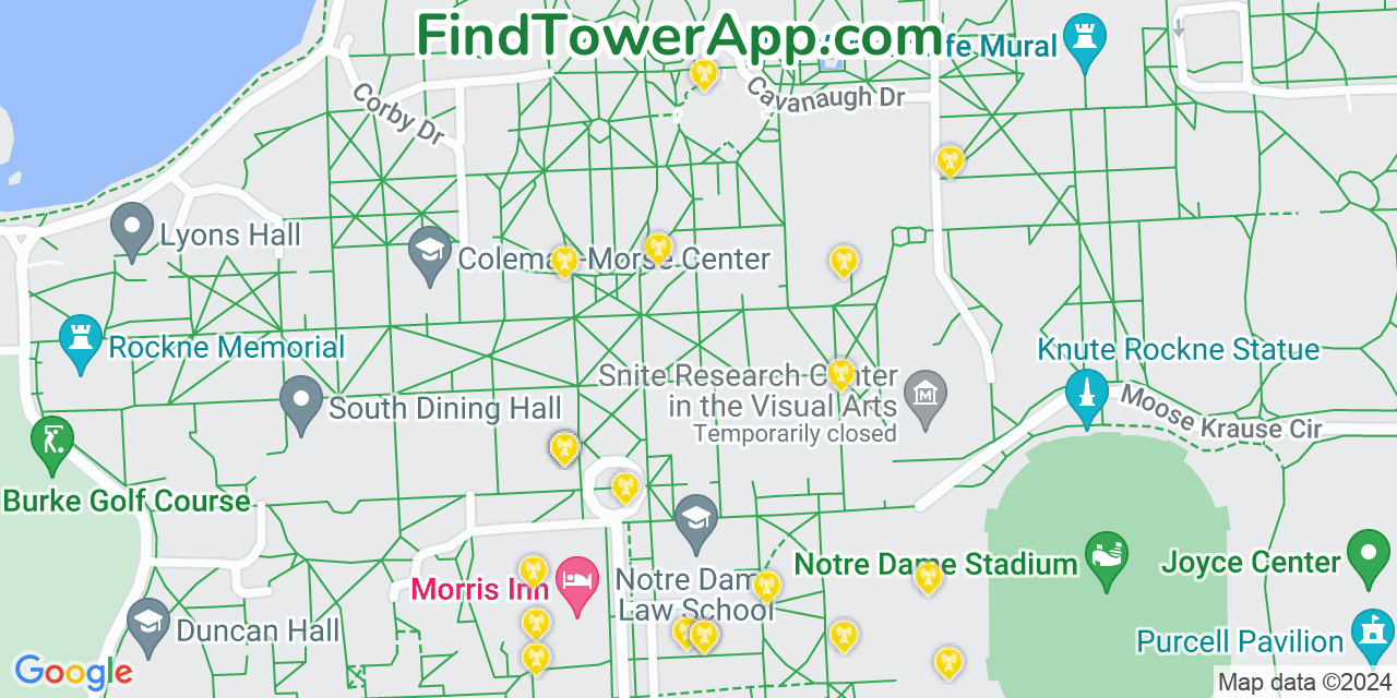 AT&T 4G/5G cell tower coverage map Notre Dame, Indiana