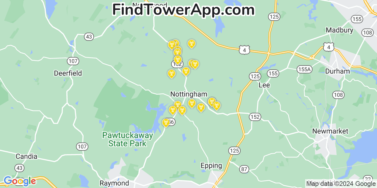AT&T 4G/5G cell tower coverage map Nottingham, New Hampshire