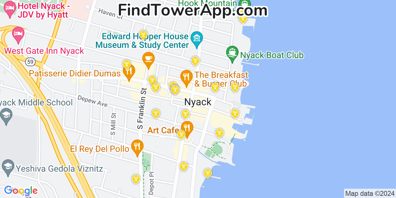 AT&T 4G/5G cell tower coverage map Nyack, New York