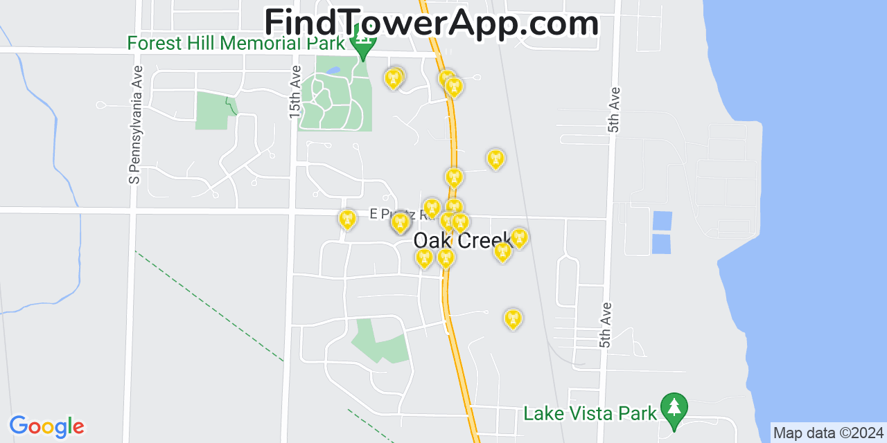 AT&T 4G/5G cell tower coverage map Oak Creek, Wisconsin