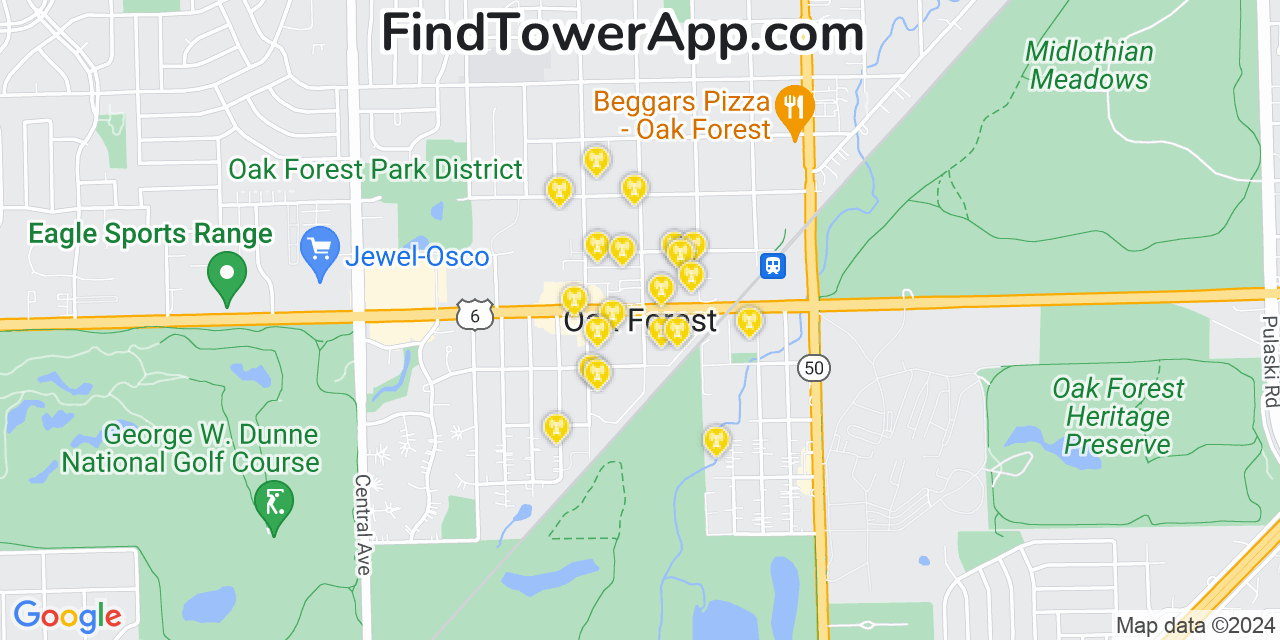 AT&T 4G/5G cell tower coverage map Oak Forest, Illinois