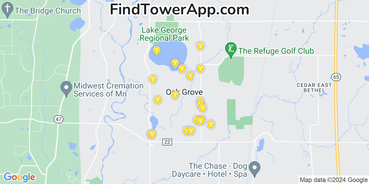 AT&T 4G/5G cell tower coverage map Oak Grove, Minnesota