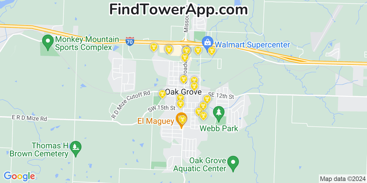 AT&T 4G/5G cell tower coverage map Oak Grove, Missouri