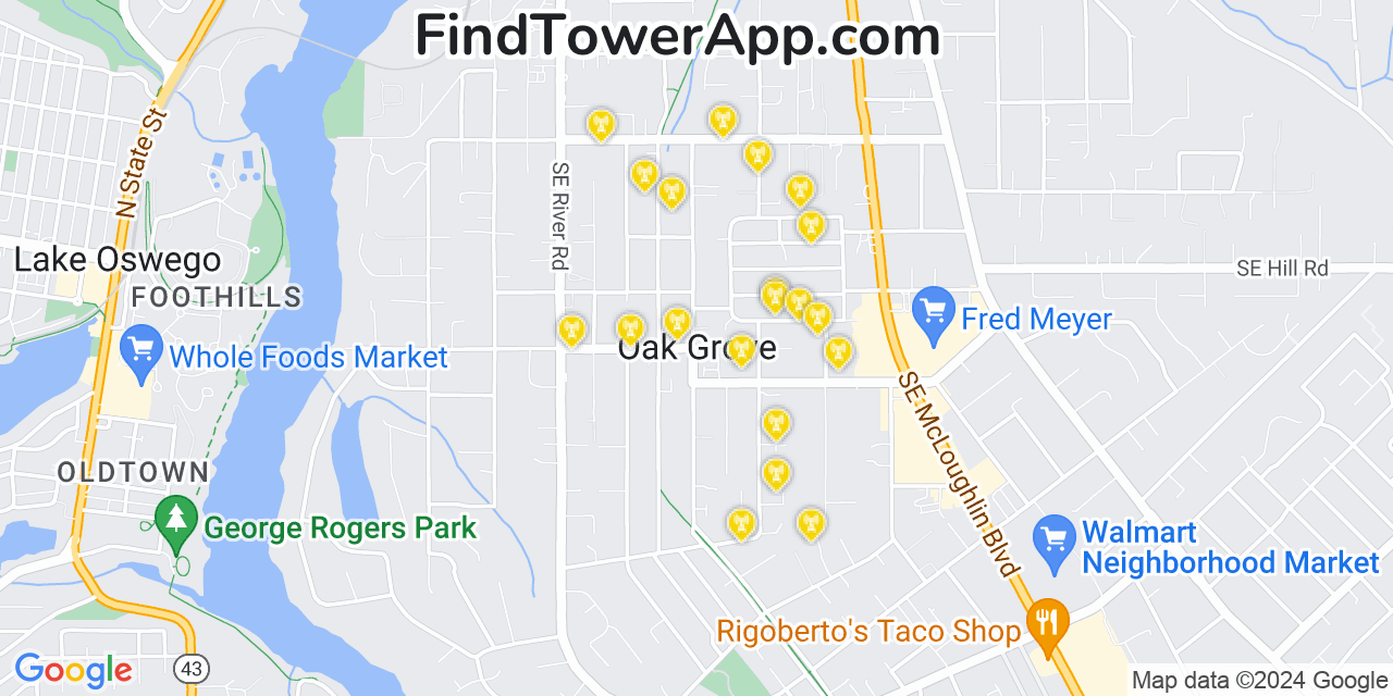 AT&T 4G/5G cell tower coverage map Oak Grove, Oregon