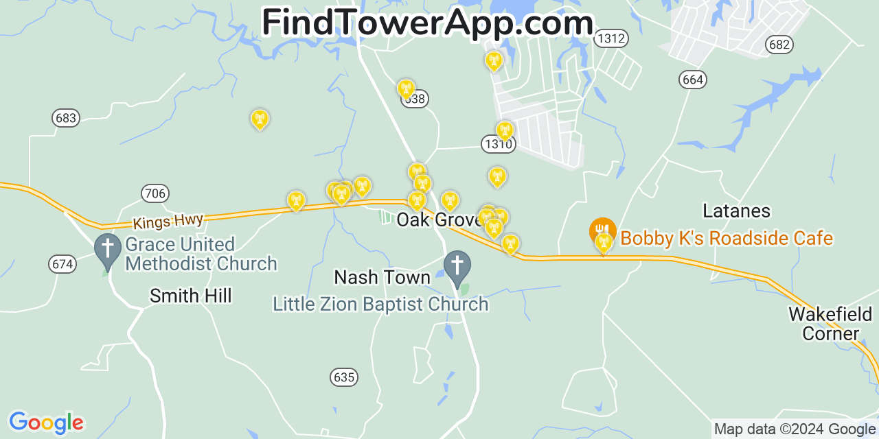 AT&T 4G/5G cell tower coverage map Oak Grove, Virginia