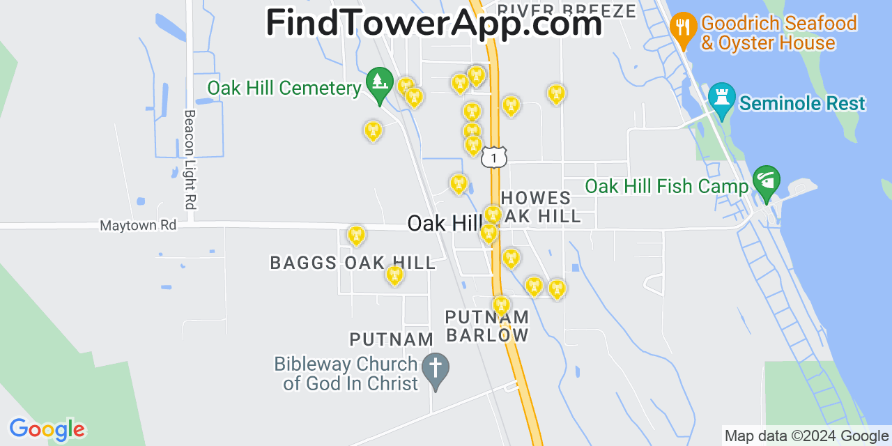 AT&T 4G/5G cell tower coverage map Oak Hill, Florida