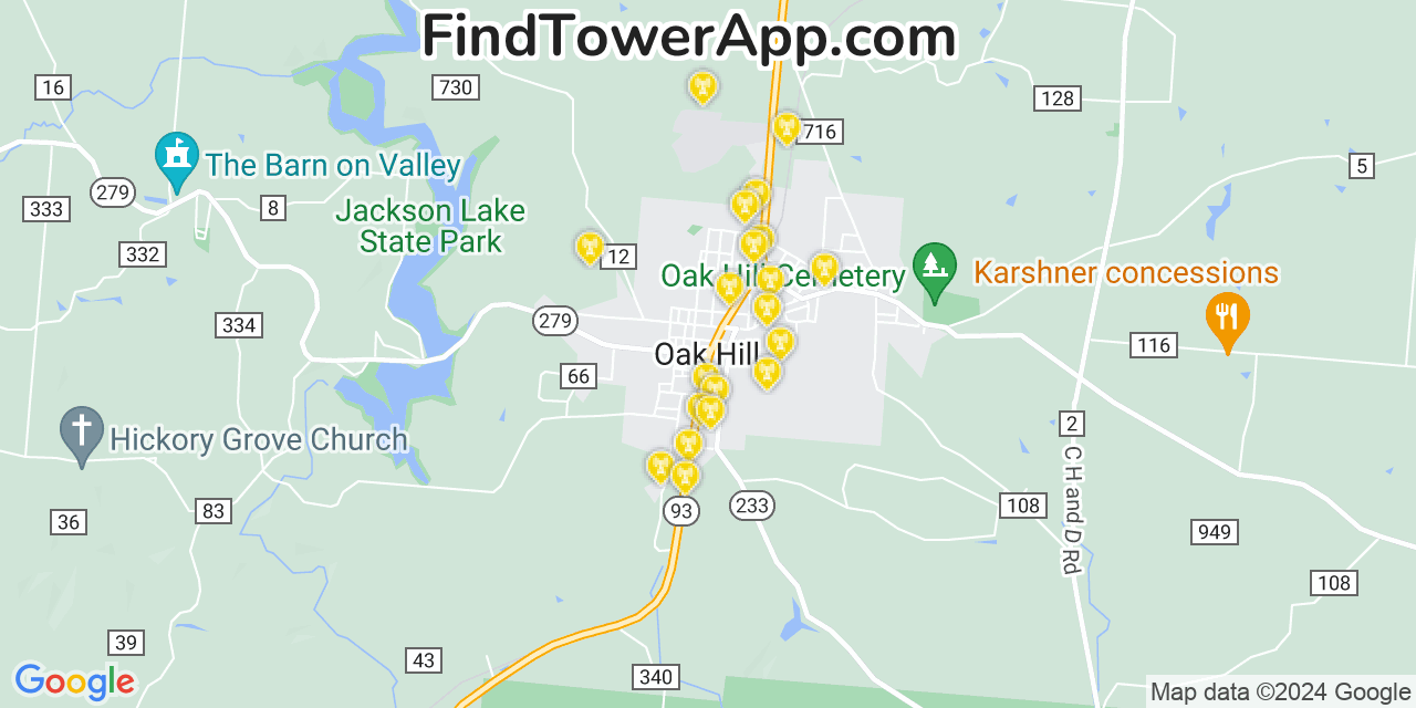 AT&T 4G/5G cell tower coverage map Oak Hill, Ohio
