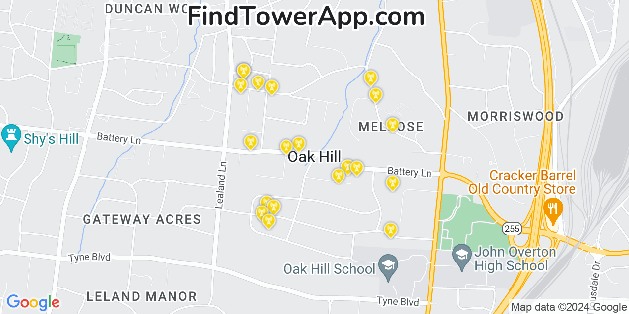 AT&T 4G/5G cell tower coverage map Oak Hill, Tennessee