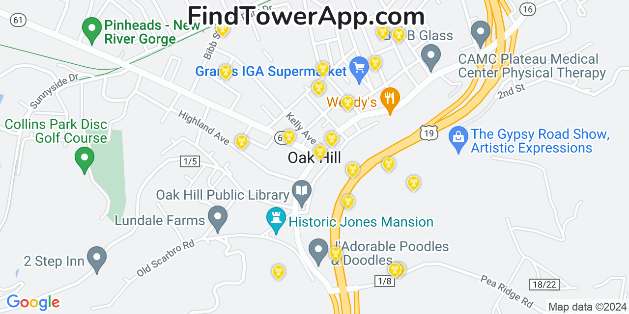 AT&T 4G/5G cell tower coverage map Oak Hill, West Virginia