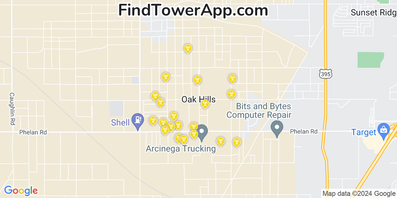 AT&T 4G/5G cell tower coverage map Oak Hills, California