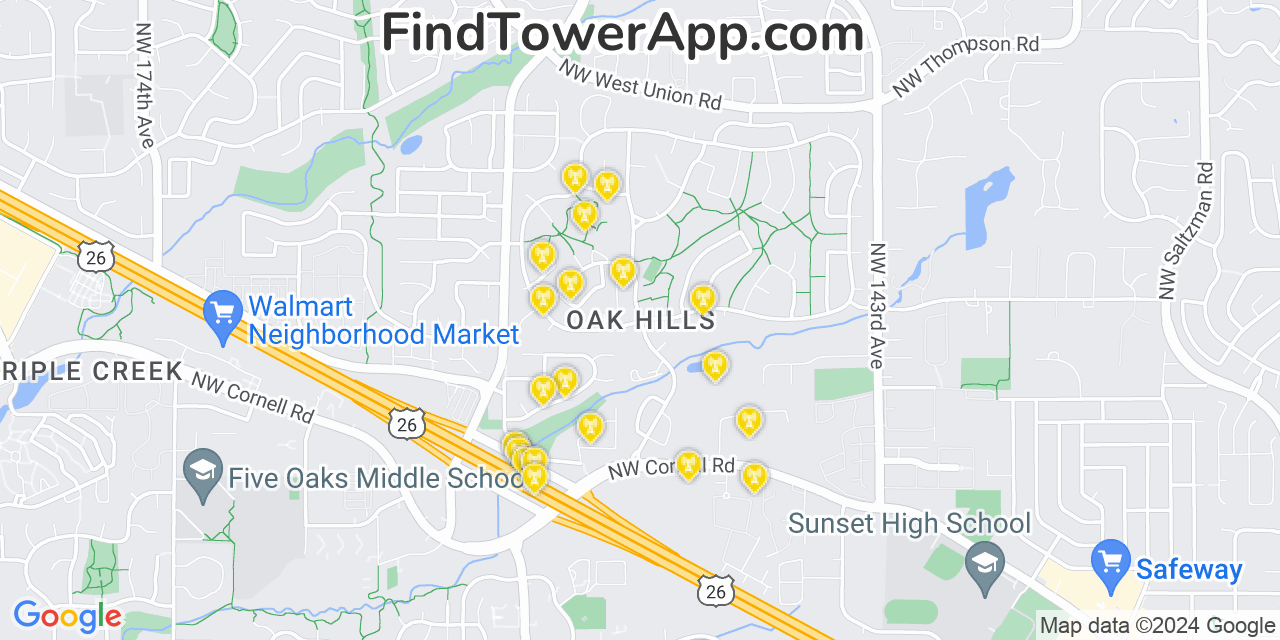 Verizon 4G/5G cell tower coverage map Oak Hills, Oregon