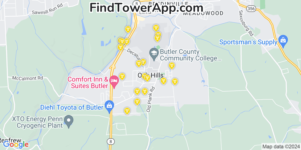 AT&T 4G/5G cell tower coverage map Oak Hills, Pennsylvania