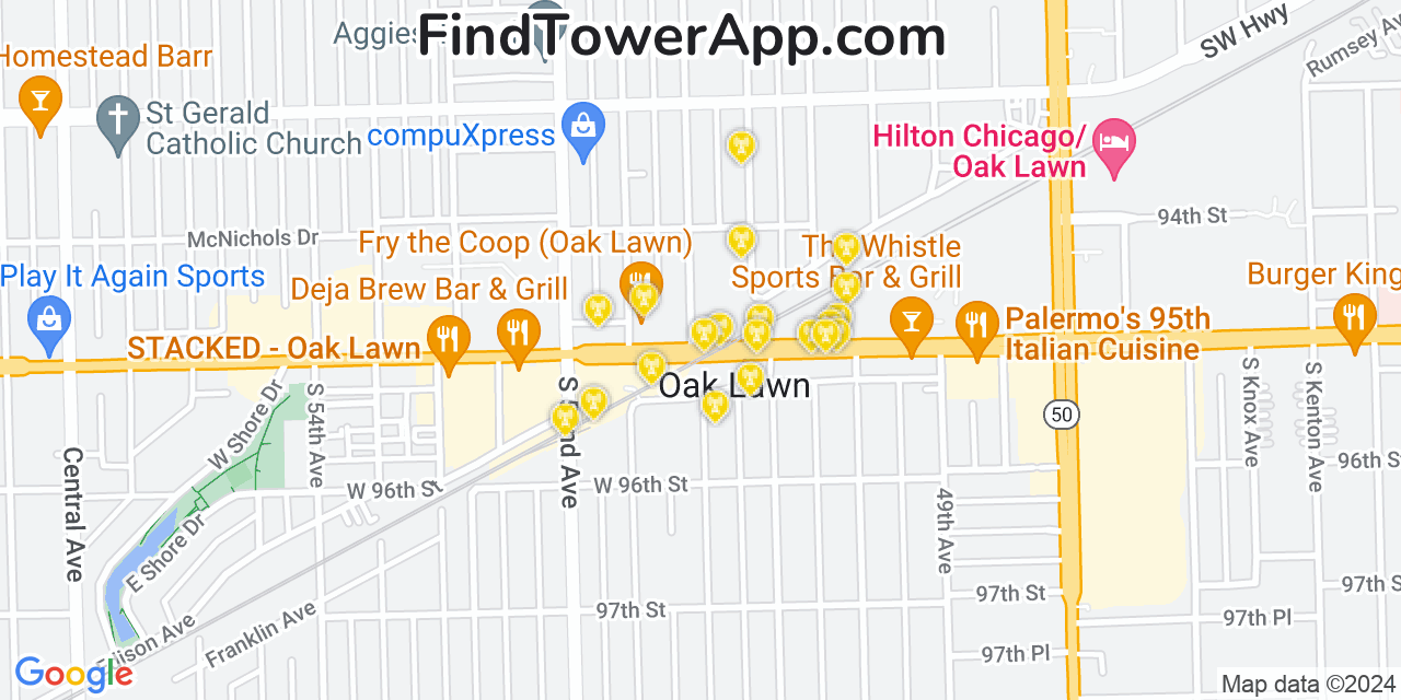 AT&T 4G/5G cell tower coverage map Oak Lawn, Illinois