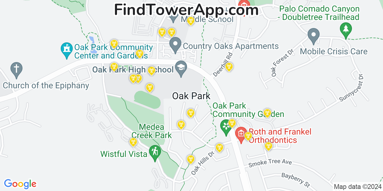 Verizon 4G/5G cell tower coverage map Oak Park, California