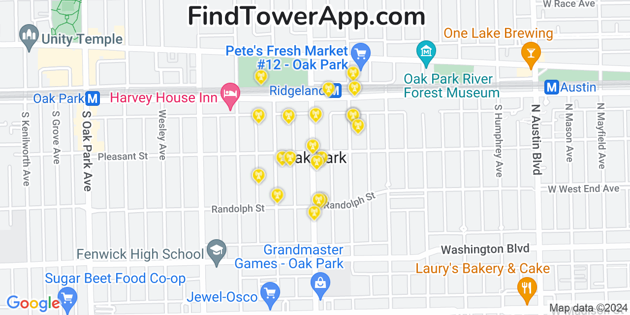 AT&T 4G/5G cell tower coverage map Oak Park, Illinois