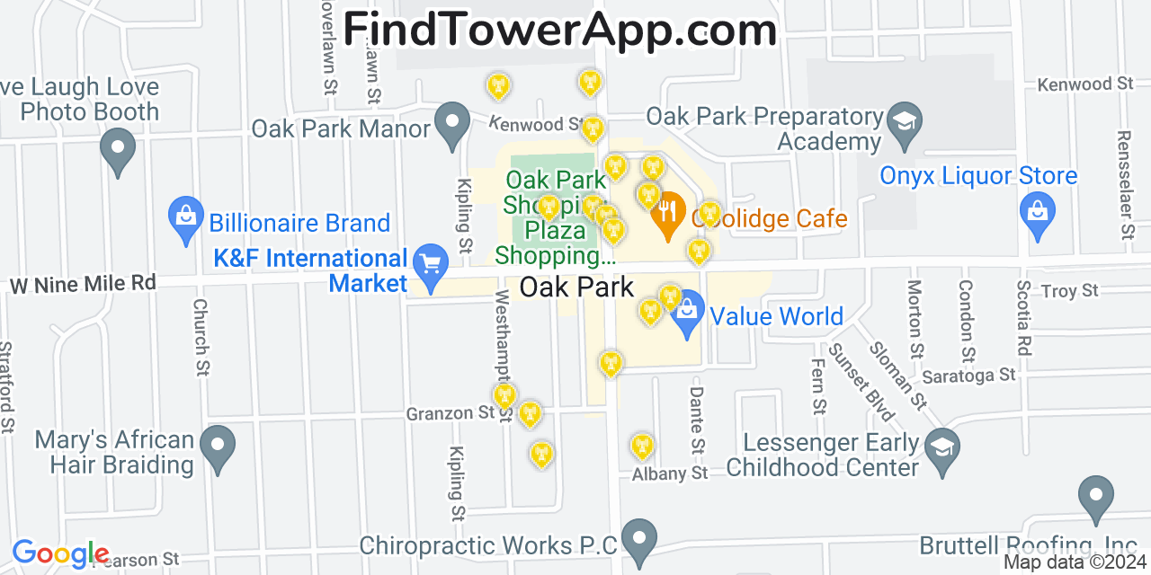 AT&T 4G/5G cell tower coverage map Oak Park, Michigan