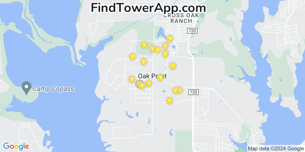 AT&T 4G/5G cell tower coverage map Oak Point, Texas