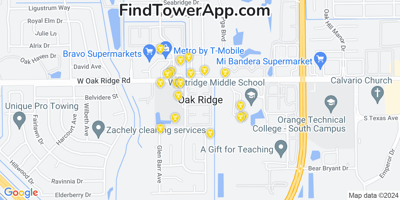 AT&T 4G/5G cell tower coverage map Oak Ridge, Florida