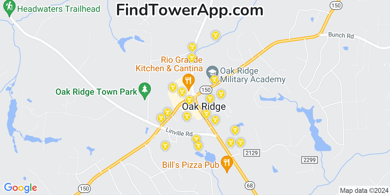 AT&T 4G/5G cell tower coverage map Oak Ridge, North Carolina