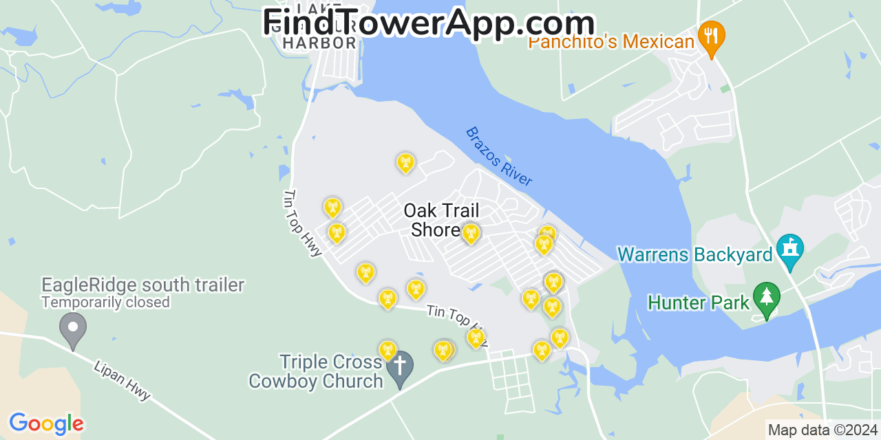 AT&T 4G/5G cell tower coverage map Oak Trail Shores, Texas
