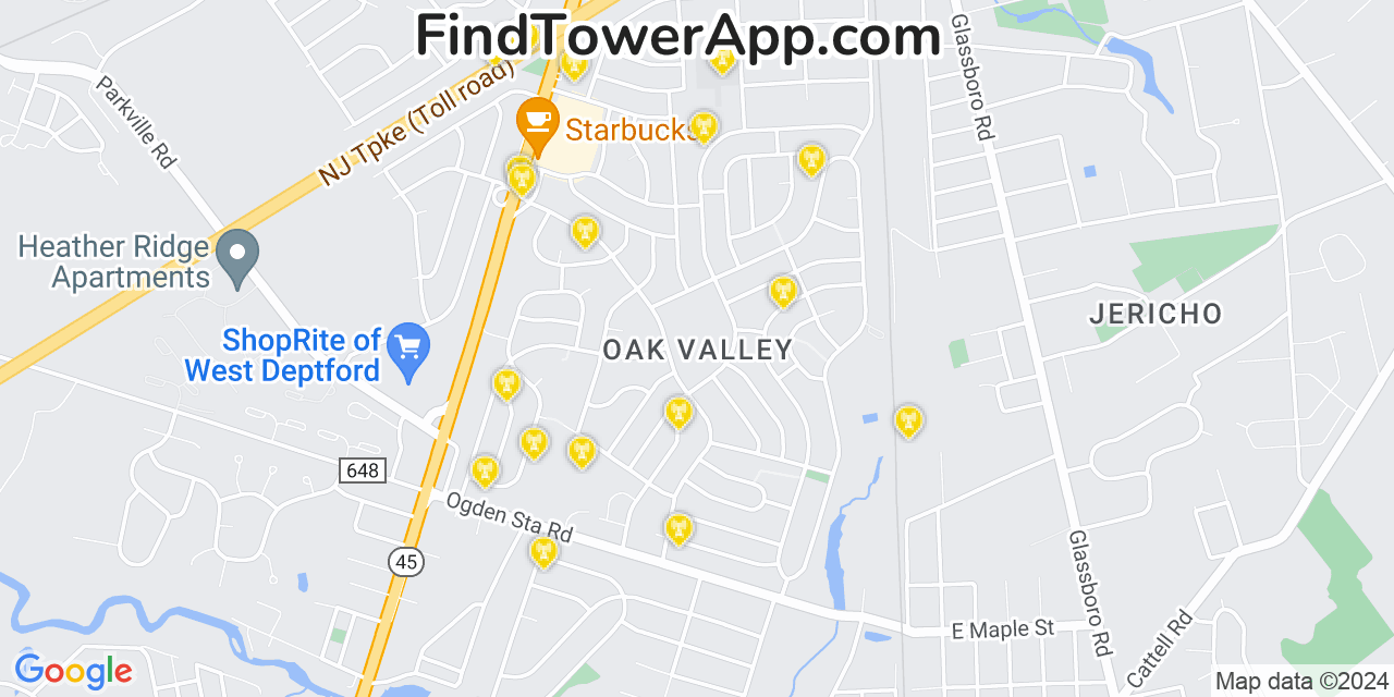 AT&T 4G/5G cell tower coverage map Oak Valley, New Jersey