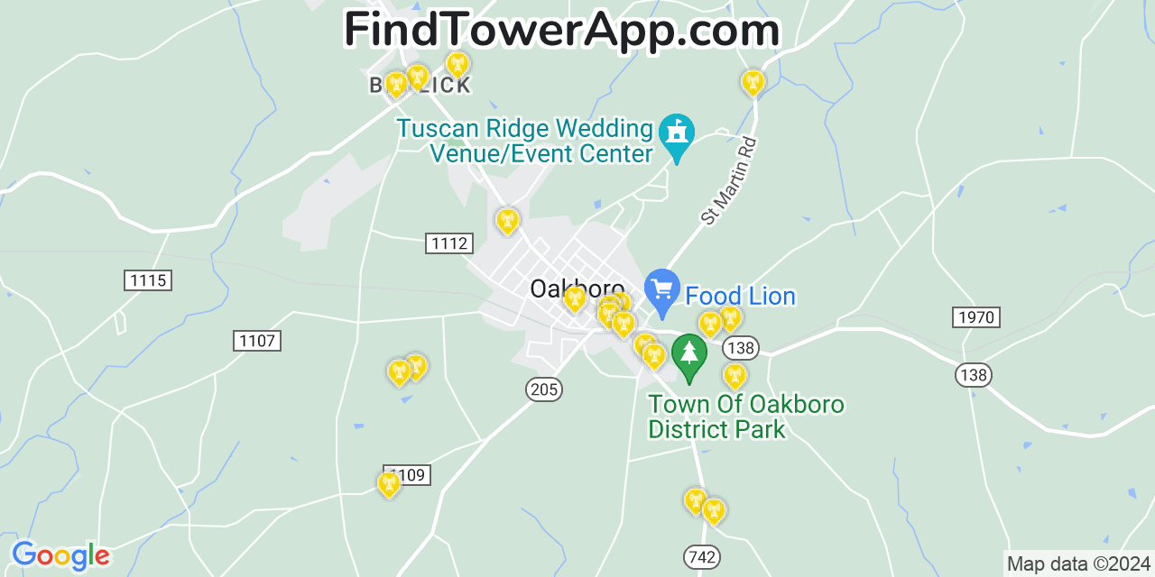 AT&T 4G/5G cell tower coverage map Oakboro, North Carolina