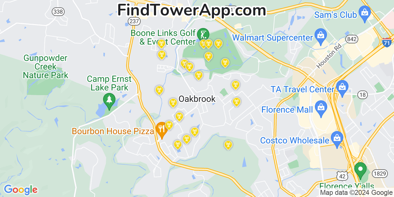 AT&T 4G/5G cell tower coverage map Oakbrook, Kentucky