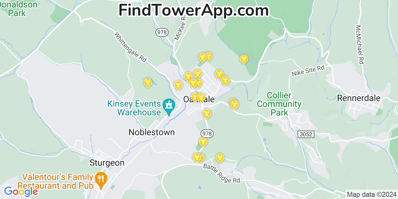AT&T 4G/5G cell tower coverage map Oakdale, Pennsylvania