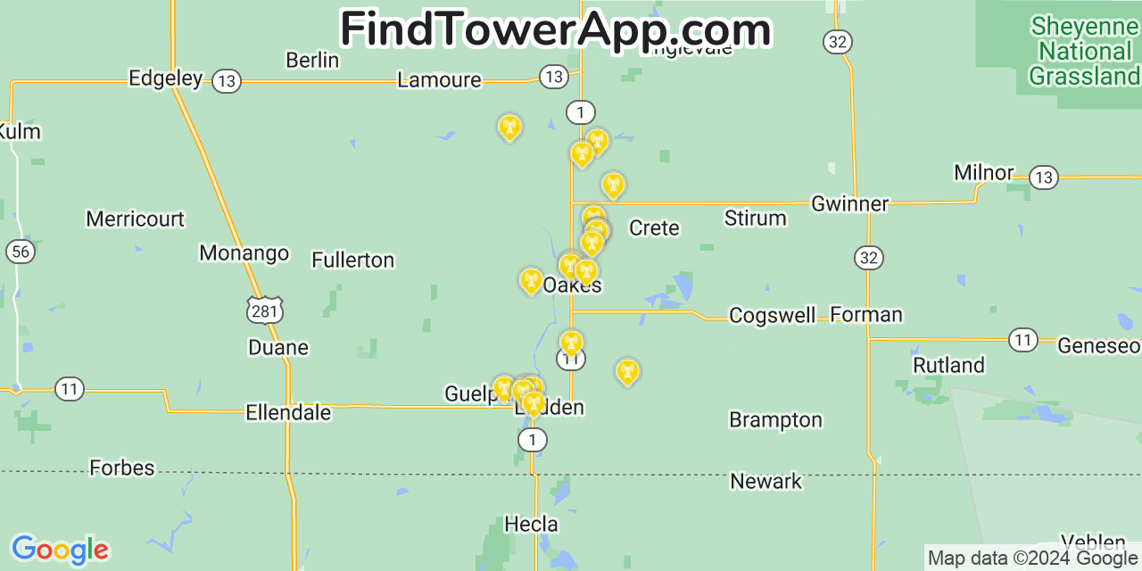 AT&T 4G/5G cell tower coverage map Oakes, North Dakota
