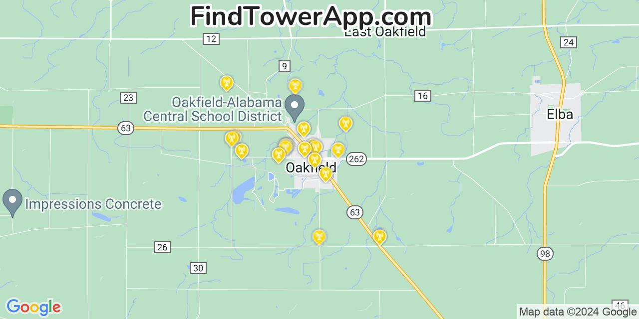 AT&T 4G/5G cell tower coverage map Oakfield, New York