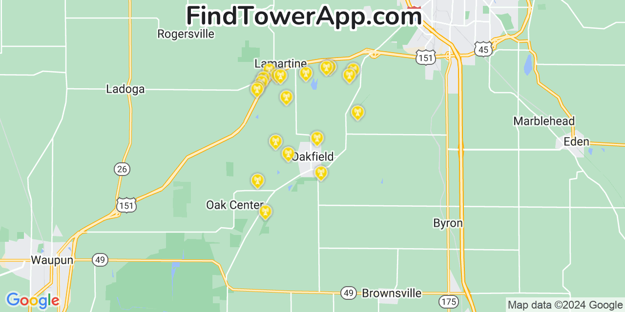 AT&T 4G/5G cell tower coverage map Oakfield, Wisconsin
