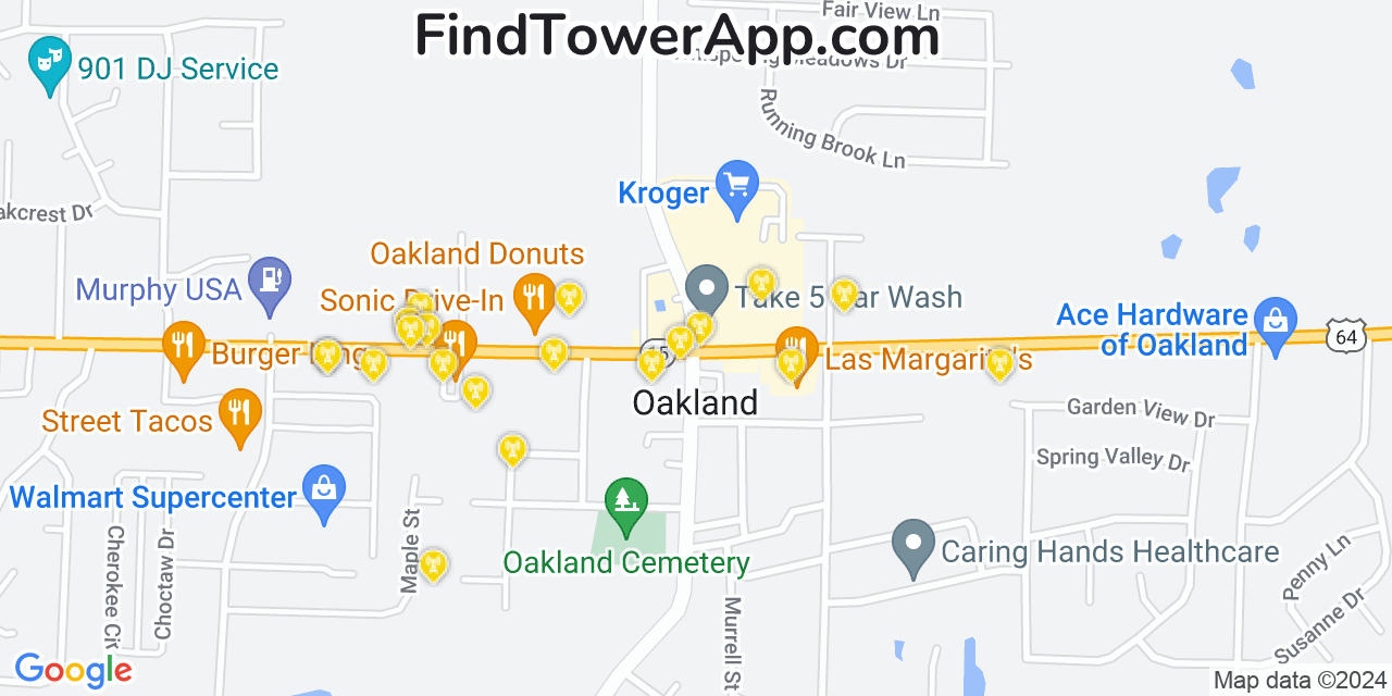 AT&T 4G/5G cell tower coverage map Oakland, Tennessee