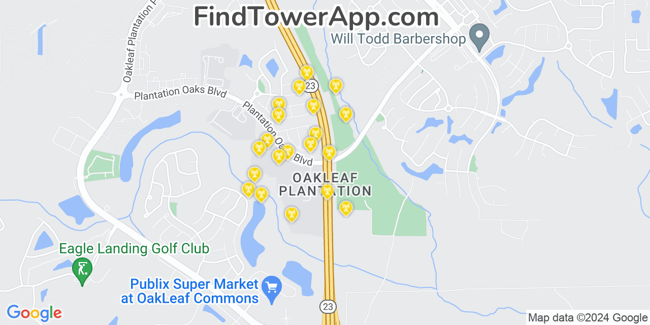 AT&T 4G/5G cell tower coverage map Oakleaf Plantation, Florida