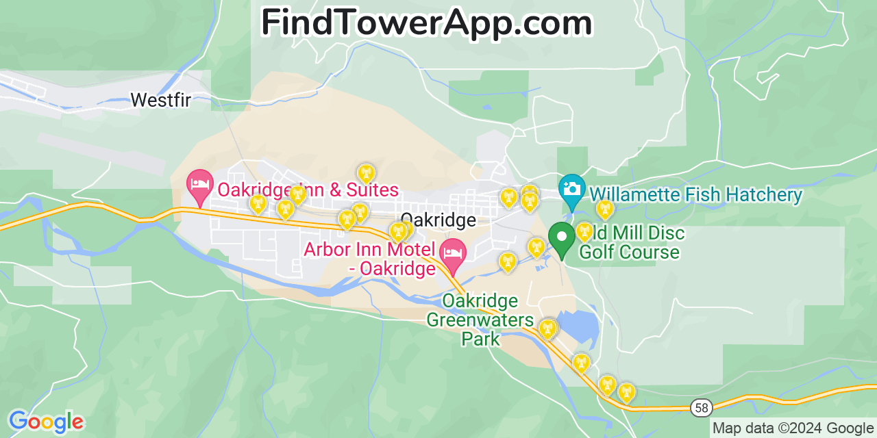 AT&T 4G/5G cell tower coverage map Oakridge, Oregon